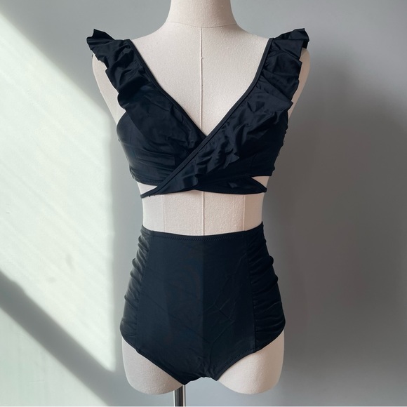 aerie Other - Aerie Ruffle High Waisted Swimsuit, Two Piece Bikini Set, Cross Lace Up Sz Small
